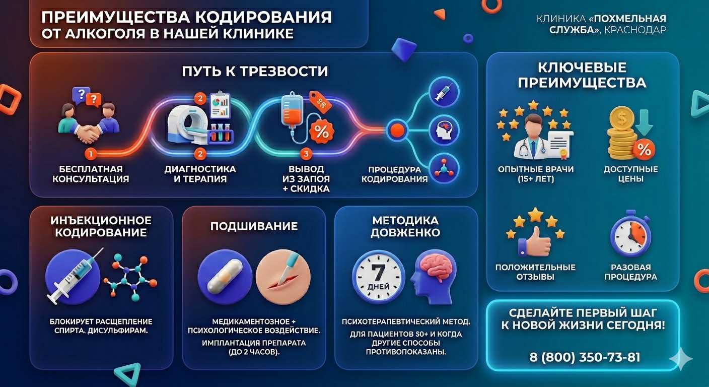 Инфографика о методах кодирования от алкоголя в Кирово-Чепецке: инъекции, подшивание, метод Довженко. Преимущества клиники и этапы лечения.
